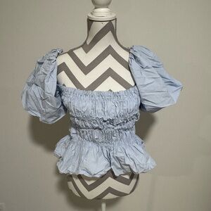 Astr Sky Blue Smocked Off-Shoulder Blouse